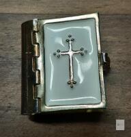 Miniature Holy Bible Locket, NRSV, White Enamel with Gold Cross, Hinged Metal, c.1950s-70s