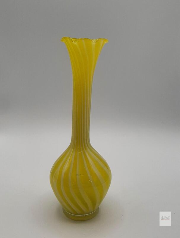 Yellow Hand-Blown Art Glass Bud Vase, Ruffled Rim, 8 in Tall, Swirl Pattern
