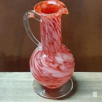 Hand-Blown Art Glass Pitcher/Vase with Red and White Swirl Design, Clear Handle, and Flared Mouth