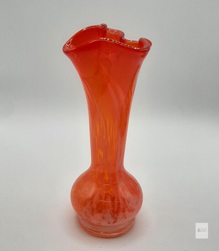 Hand-Blown Art Glass Vase with Ruffled Rim and Marbled Orange-White Pattern
