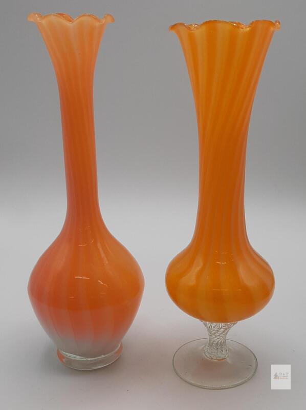 Pair of Orange White Swirl Hand-Blown Glass Vases, ~, One Footed, Ruffled Rim