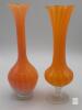 Pair of Orange White Swirl Hand-Blown Glass Vases, ~, One Footed, Ruffled Rim