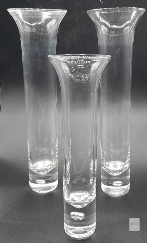 Set of 3 Clear Glass Trumpet Bud Vases, Heavy Base