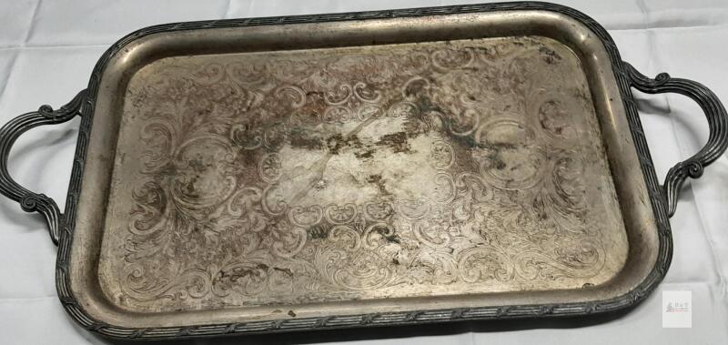 Large Ornate Silver-Plated Rectangular Serving Tray with Handles, Engraved Floral Scroll Design, 24"
