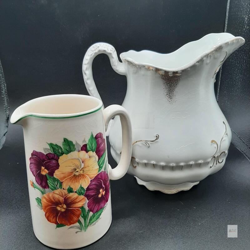 Lord Nelson Ware Floral Creamer & W.H. Grindley Ornate Water Pitcher, Staffordshire, England- crazing present , gold wear