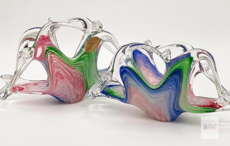 Pair Murano Glassware Crystal Clear Italy Multicolor Hand-Blown Art Glass Centerpieces 14"