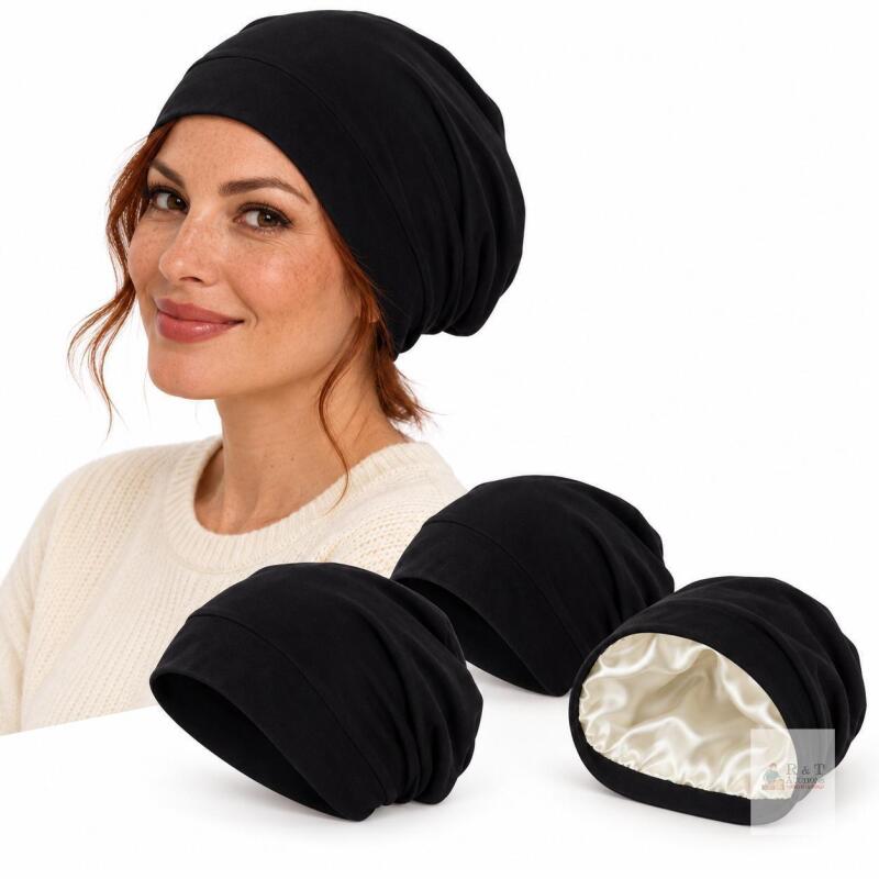 4 NEW Hat Hut 100% Mulberry Silk-Lined Slouchy Beanie Black, Grade 6A 19 Momme, One Size, New Sealed Box