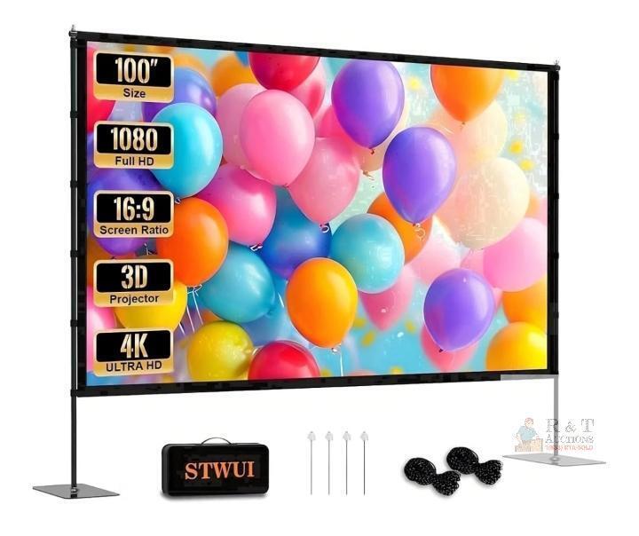 NEW STWUI 100" 16:9 Portable Projector Screen with Stand, 4K Ultra HD, Carry Bag, Outdoor/Indoor