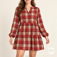 New FANCYINN Red & Apricot Plaid Tiered Dress, Size Small
