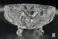 Vintage Clear Pressed Glass Three-Footed Bowl with Starburst Pattern and Scalloped Edge