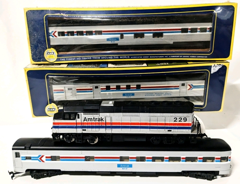 Vintage AHM Amtrak HO Scale Train Cars + Locomotive Engine.