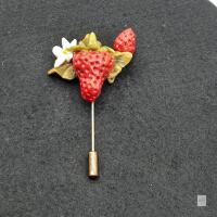 Vintage Strawberry & Flower Hand-Painted Ceramic Stick Pin, 2.75" Metal Lapel Hatpin