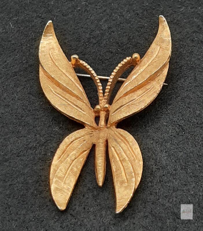 Vintage BSK Gold-Tone Butterfly Brooch Pin, Textured Wings, 2 in, USA, 1950s-1970s