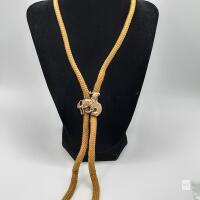 Western Bolo Tie &ndash; Tan Braided Cord, Gold-Tone Horse & Rider Slide, Bullet Tips, Cowboy Motif