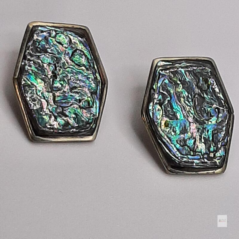 Vintage Hexagon Abalone Shell Clip-On Earrings in Silver-Tone Metal