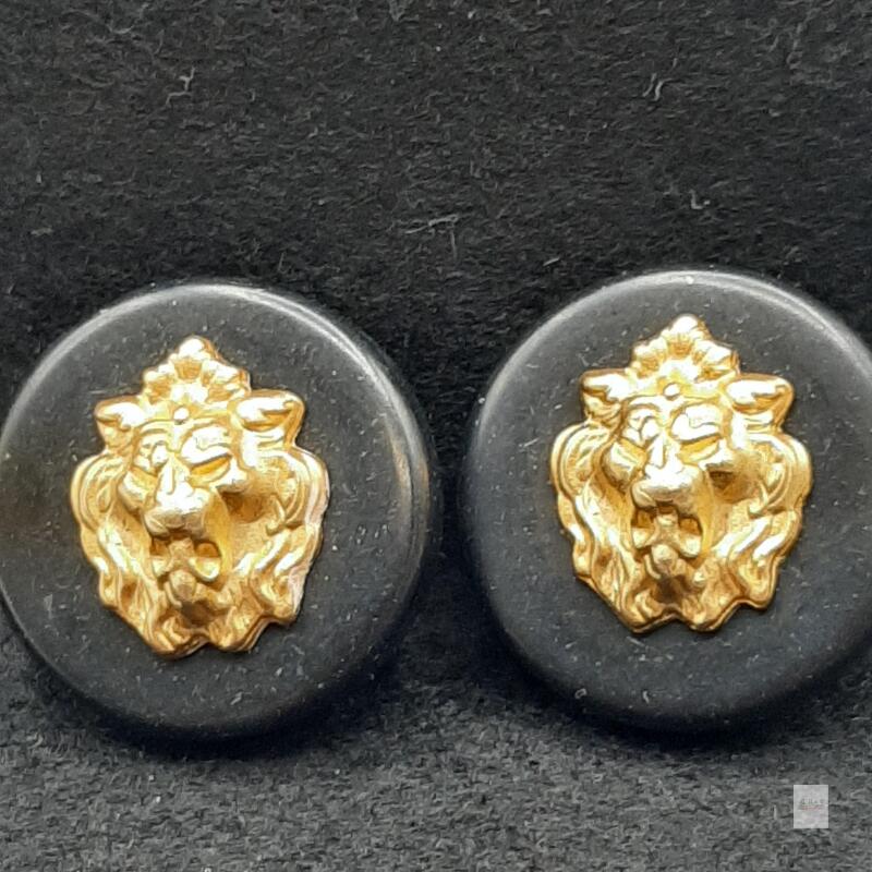 Vintage Lion Head Black & Gold Clip-On Earrings, Statement Costume Jewelry, Approx. 1 Inch