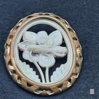 Vintage French Floral Carved Brooch with Gold-Tone Rim and "BREVETE S.G.D.G." Mark
