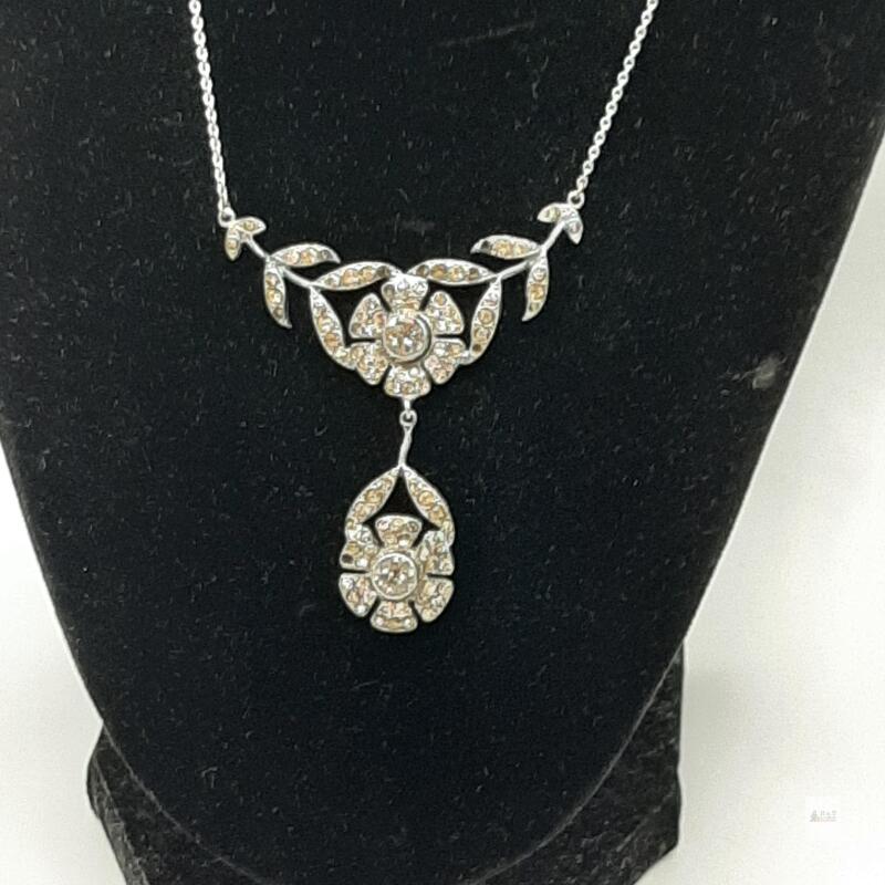 Vintage Floral Rhinestone Pendant Necklace, Silver Tone, Two-Tier Design, Spring Ring Clasp- as is