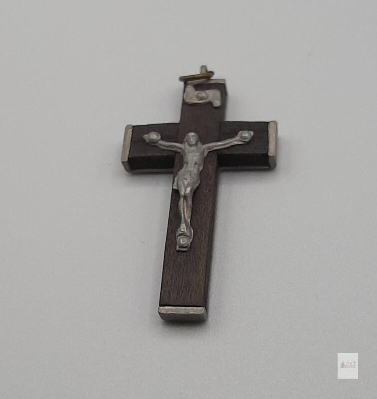 Vintage French Wood and Metal Crucifix Pendant with "MADE IN FRANCE" Marking