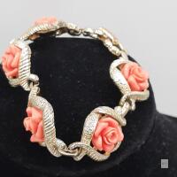 Sarah Coventry Fashion Flower Bracelet Gold-Tone with Coral Rose Motif 7.25" PAT.PEND