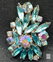 Vintage Gold-Tone Floral Brooch with Blue and Aurora Borealis Rhinestones- as is