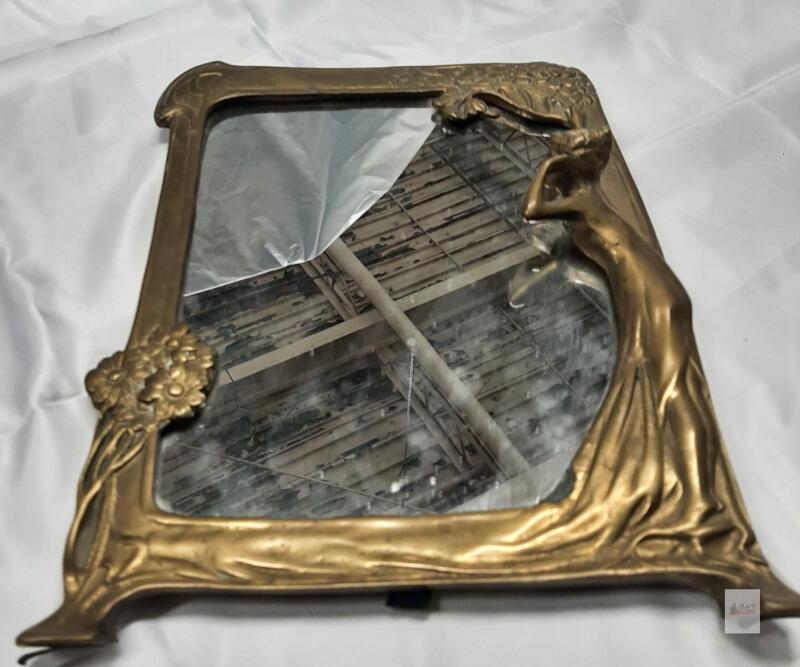 Art Nouveau-Early 20th Century Gold-Tone Figural Mirror with Floral Frame- Heavy