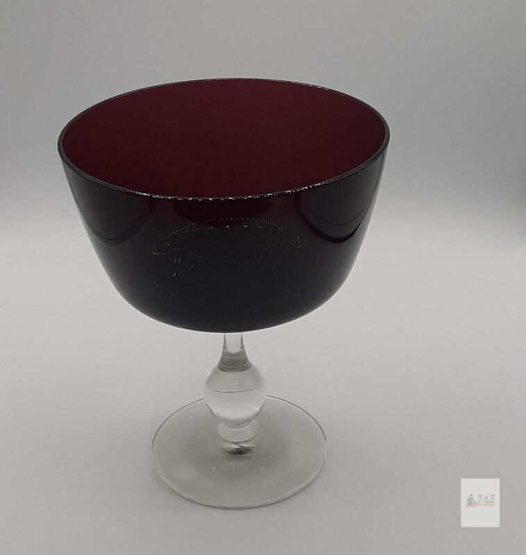 Ruby Red Glass Compote Pedestal Bowl, 5.25" Tall, Clear Knop Stem