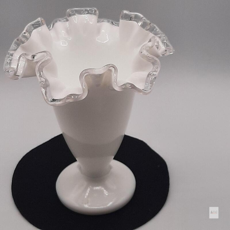 Fenton Silver Crest Milk Glass Pedestal Vase, Ruffled Clear Edge, 6.5" Tall, Vintage USA