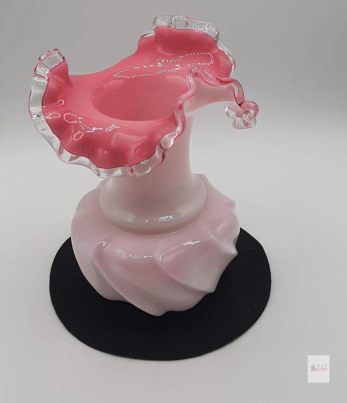 Vintage Fenton Pink Opalescent Ruffled Art Glass Vase, 6" Tall, Mid-Century Design