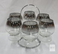 Vintage Mid-Century Silver-Rimmed Brandy Snifter Glass Set with Metal Caddy
