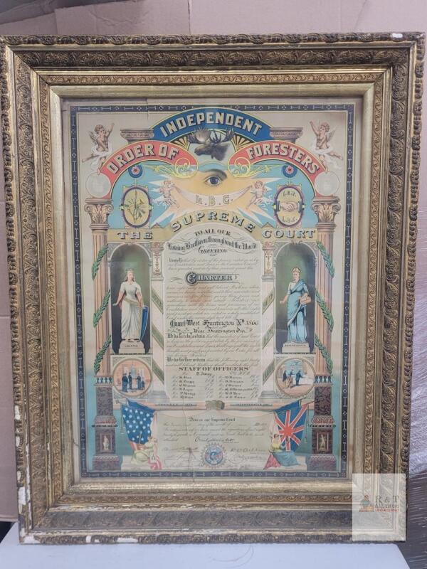 Antique 1897 Independent Order of Foresters Charter and Certificate of Membership for Court West Huntington No. 3566 Certificate - Framed . Measures 29"&times;37"