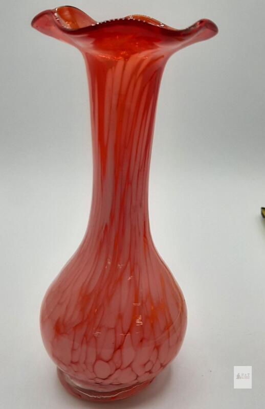 Hand-Blown Art Glass Vase, Red/Orange with White Marbling, Ruffled Rim, 7 in Tall