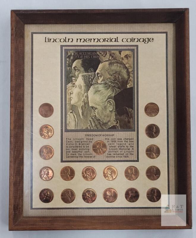 Framed Lincoln Memorial Cent Collection 1959&ndash;1972 with 'Freedom of Worship' Artwork