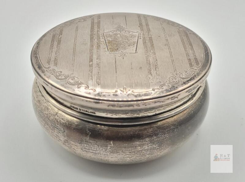 Birks Sterling Silver Round Trinket Box, Gilt Interior, Art Deco Design . See photos