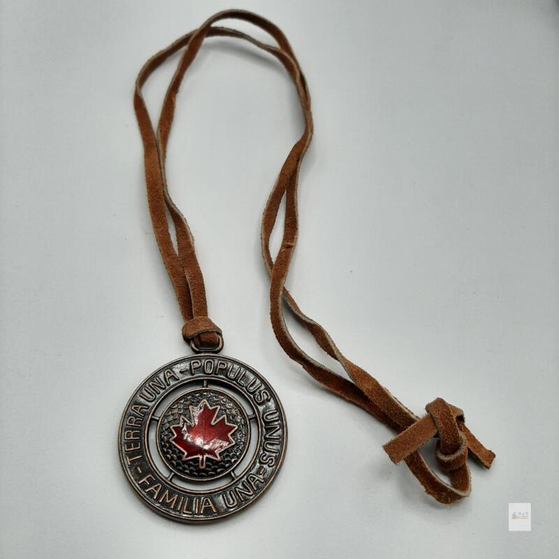 Canadian Olympics III Commemorative Medallion, 2.5" Bronze Maple Leaf, Olympic Rings, Suede Cord