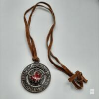 Canadian Olympics III Commemorative Medallion, 2.5" Bronze Maple Leaf, Olympic Rings, Suede Cord