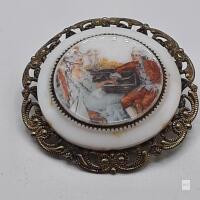 Antique Hand-Painted Porcelain Portrait Brooch with Filigree Frame, 2-inch Diameter