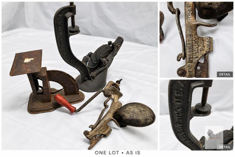 Cherry Stoners & Tabletop Scale &ndash; One Lot, As Is Two clamp-on cherry stoners and a small tabletop scale. Visible rust, dirt, discoloration, finish loss and wear. Working condition and completeness not verified. Sold together as is.