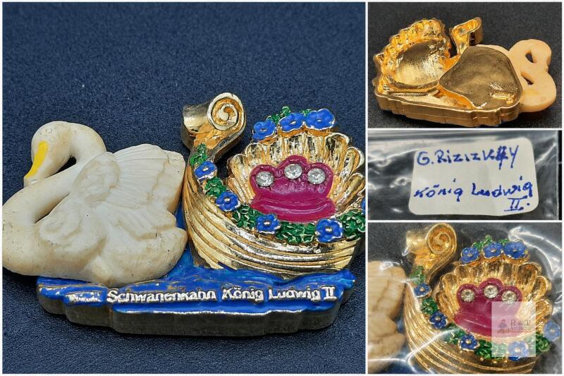 King Ludwig II Swan Boat Souvenir Pendant &ndash; Gold Tone with Floral Detail approx 3"
