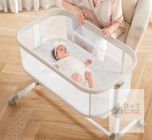 NEW Fodoss All Mesh Bedside Bassinet, 7-Height, Beige, 33 lb Capacity, Wheels, Drop-Down Side