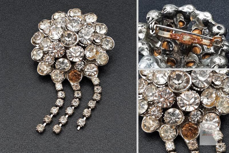 As is Silver-Tone Rhinestone Cluster Brooch with Three Dangles