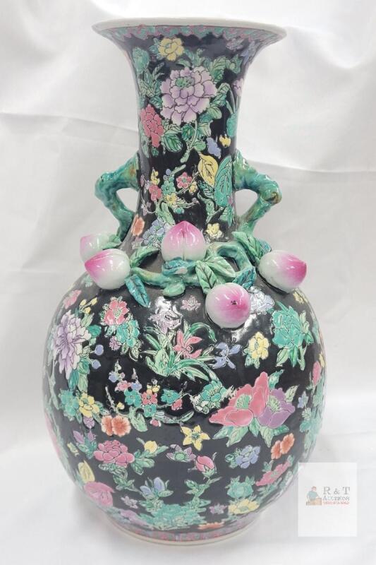 Large Chinese Famille Noire Porcelain Vase, Relief Peaches & Flowers, 15.5" Tall, Black Ground