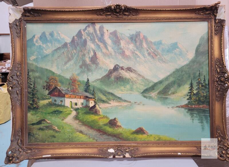 " Mountain Scene " Oil on Canvas , Framed . Measures 41"&times;29"