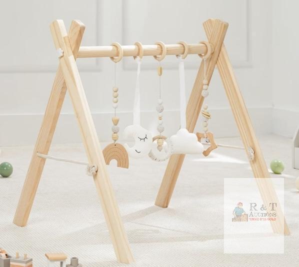 NEW Comfy Cubs Wooden Baby Play Gym, Natural Pinewood, 5 Hanging Sensory Toys, 23"x22"x22"