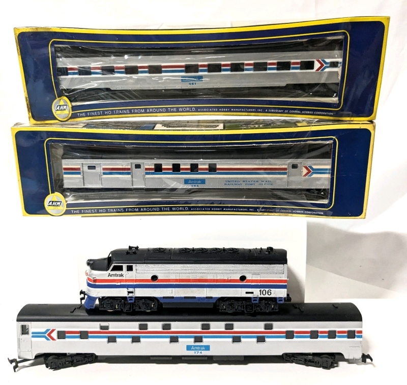 Vintage AHN MiniKits Amtrak 1930 85' Sleeper Car #6491-AM, 1930 R.P.O. 72' Car # 6403-AM, #174 Car & #1477 / 106 Locomotive Engine.
