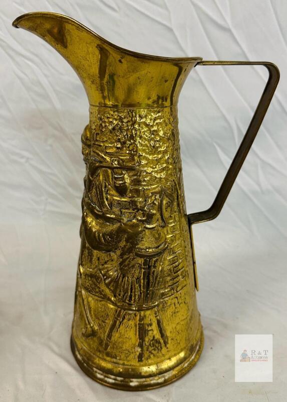 English Embossed Brass Tavern Pitcher, Victorian Style, 10.5 in, "Made in England" Marked