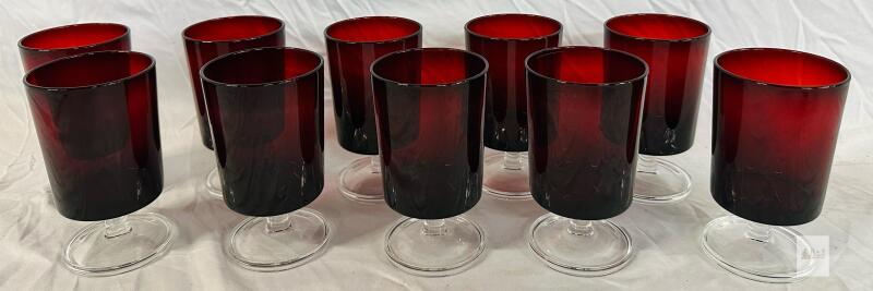 Vintage Mid-Century Ruby Red Goblets with Clear Stems &ndash; Set of 10
