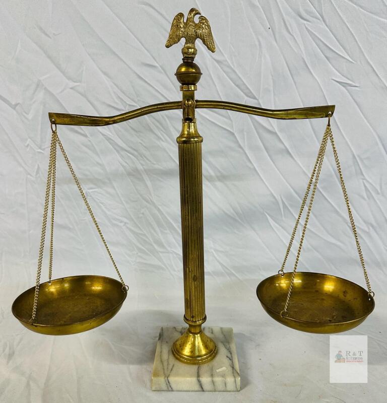 Brass Scales of Justice with Eagle Finial and Marble Base &ndash; 16" Tall Decorative Balance Scale read desc