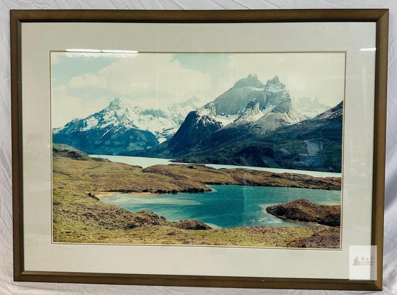 Large Framed Landscape Photo Print, Mountain and Lake Scene, 38.5&rdquo; x 29&rdquo;, Gold Metal Frame, Matted