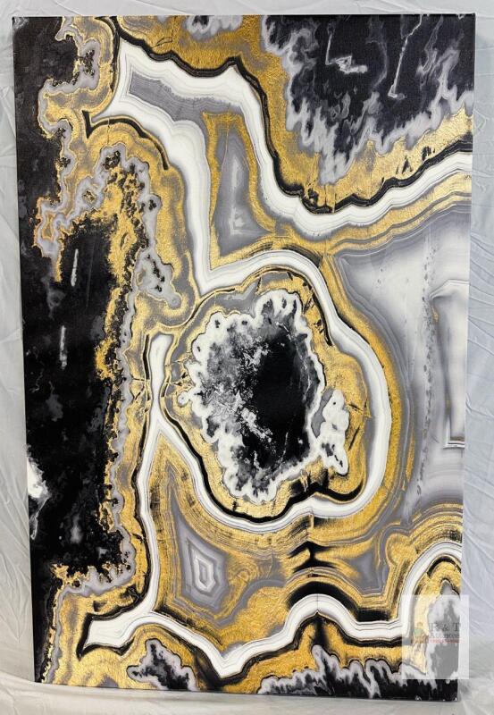 Black, White & Gold Abstract Geode Painting on Gallery-Wrapped Canvas, Approx. 26"x40"